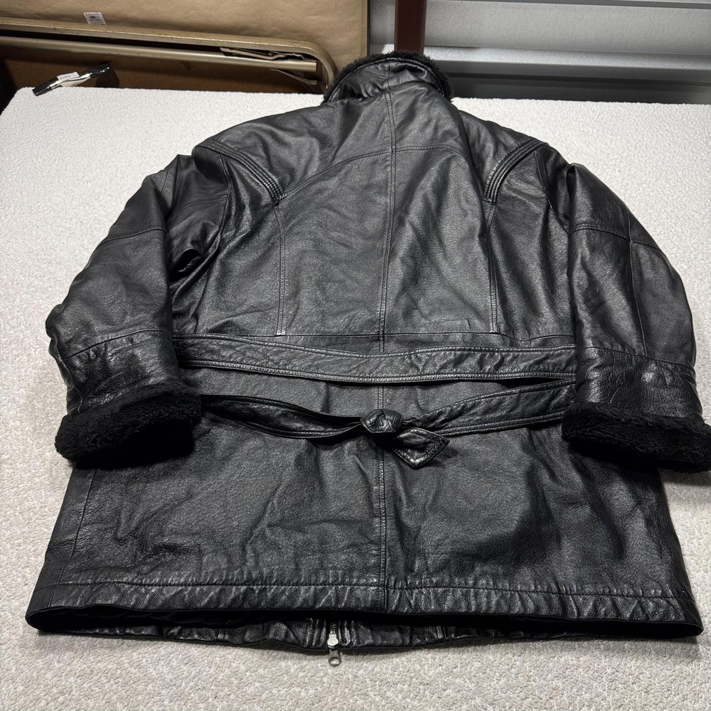 Wilsons Leather Coat Womens XL Black Belted Faux Shearling Zip Y2K Vintage - Picture 5 of 10